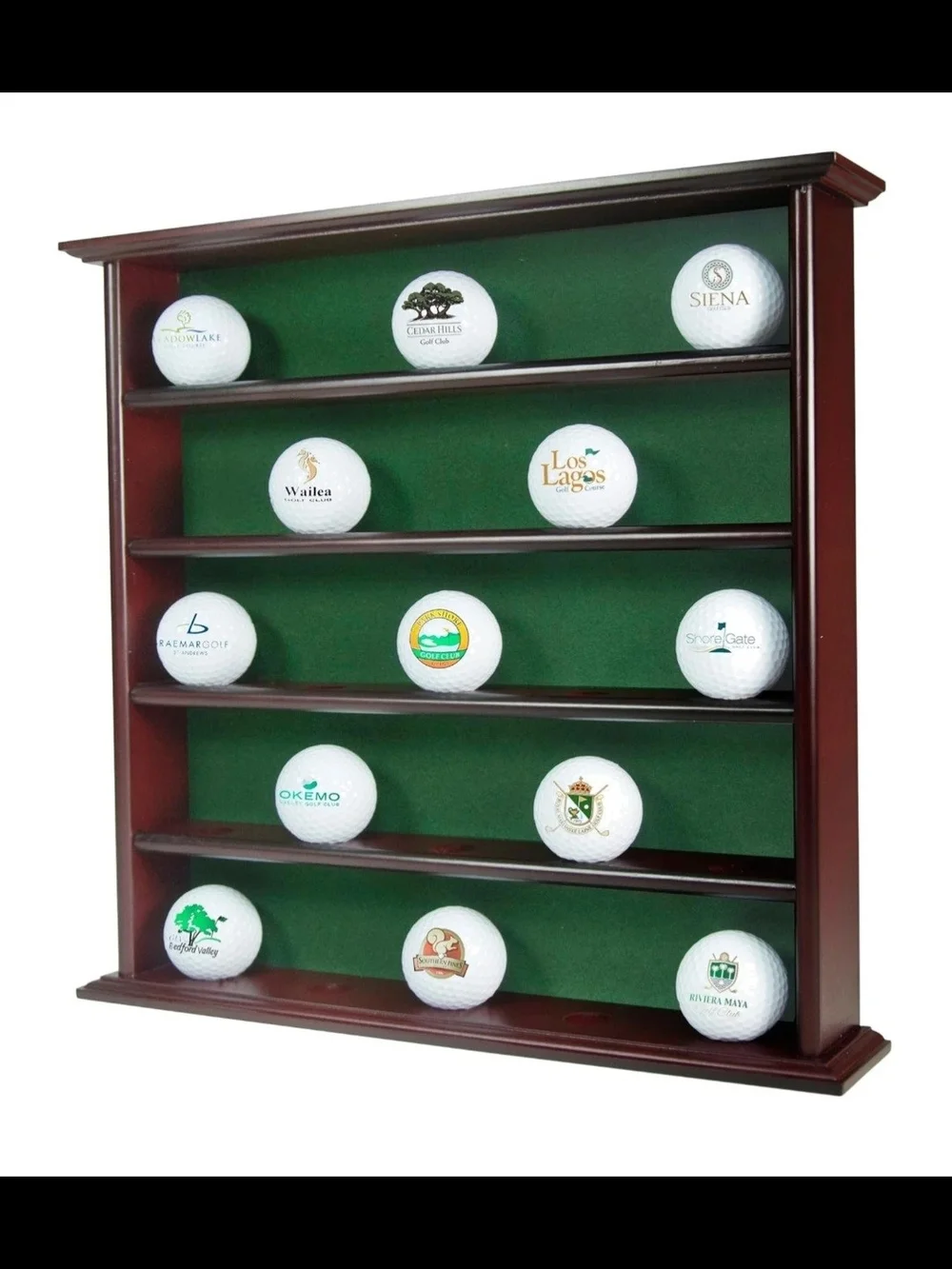 Cherry Wood Golf Ball Display Case Cabinet Wall Rack Green Felt